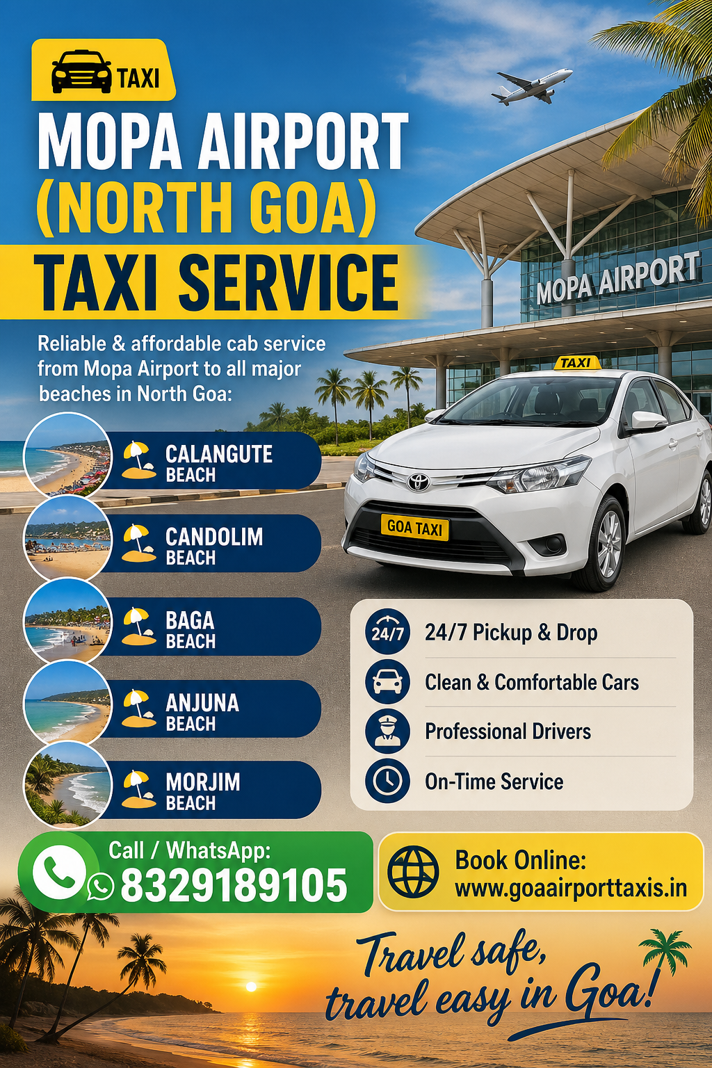 Manohar airport North Goa Cab to siolim, Calangute beach, Baga beach